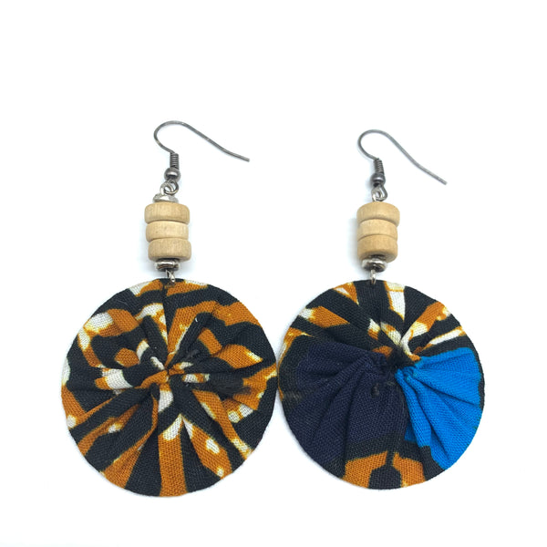 African Print Earrings W/ Beads-Round XS Brown Variation 2