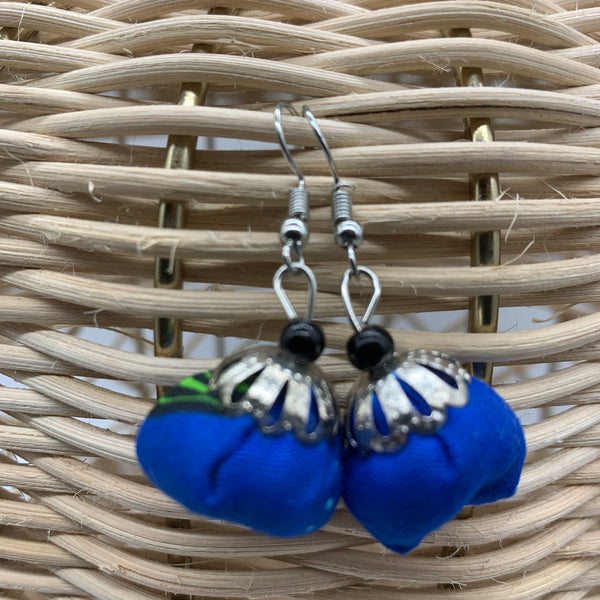 African Print Earrings W/ Beads-Puff Ball Blue Variation 2