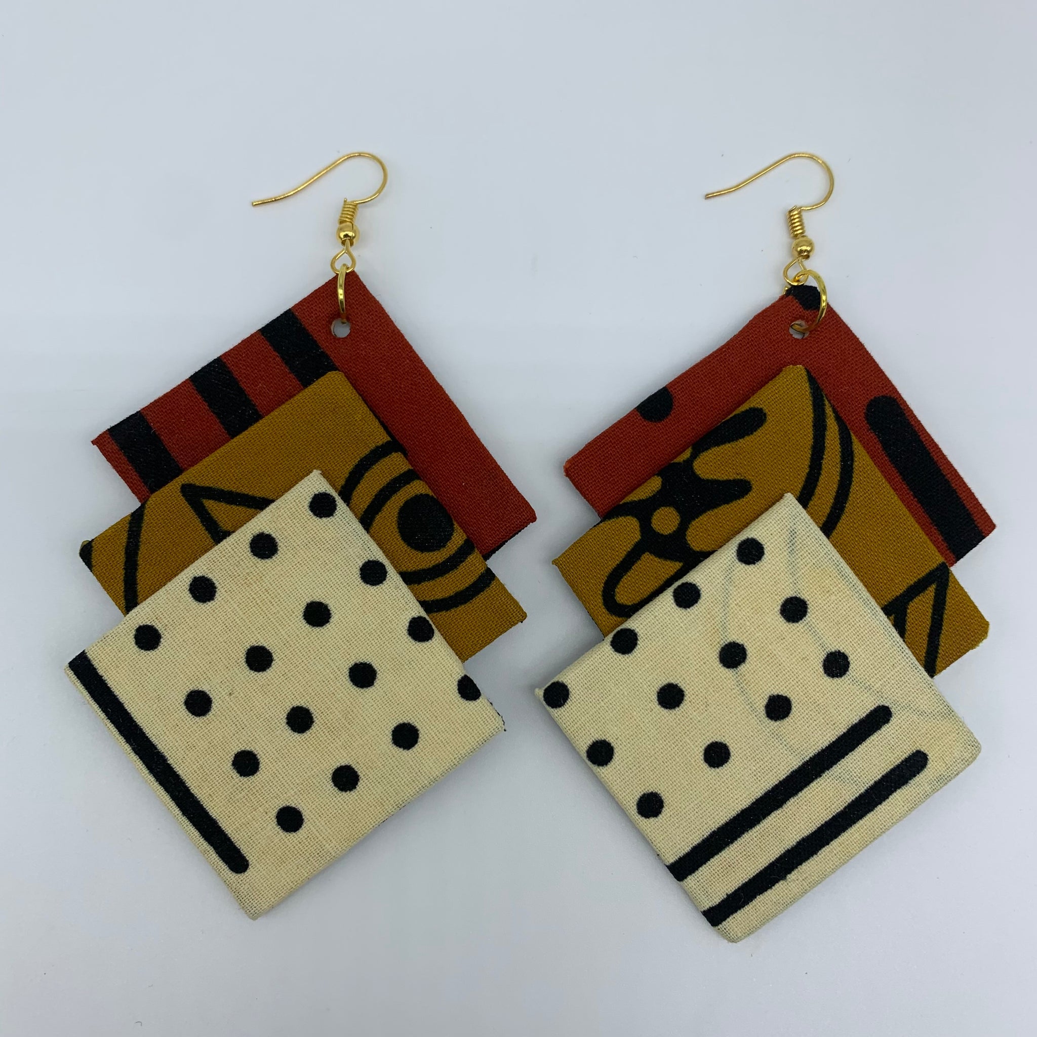 African Print Earrings-3 Squares Reversible Off White Variation 2