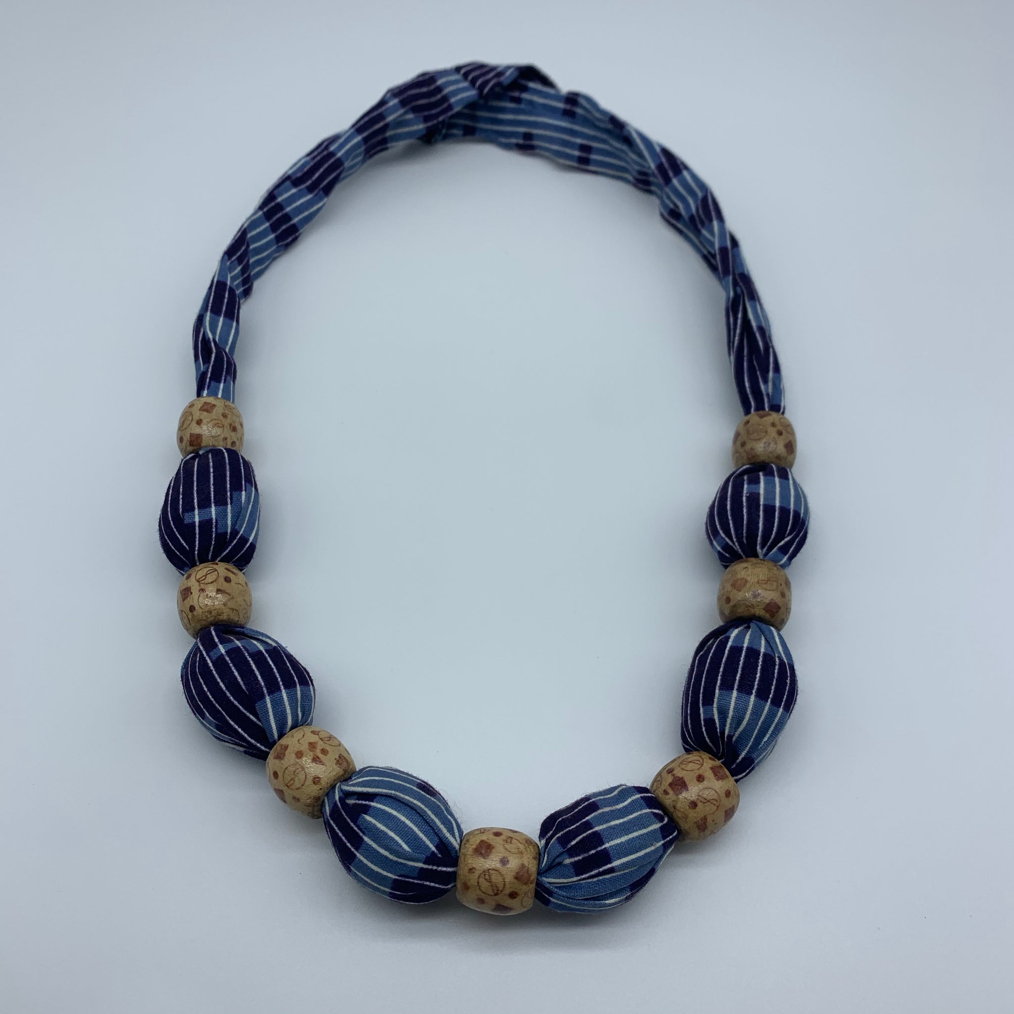 African Print Necklace W/Wooden Beads-Blue Variation 2 - Lillon Boutique