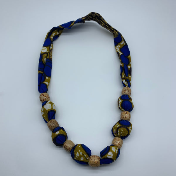 African Print Necklace W/Wooden Beads-Blue Variation 4 - Lillon Boutique