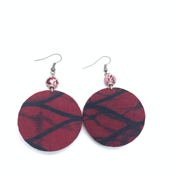 African Print Earrings W/ Beads-Round XS Red Variation 3