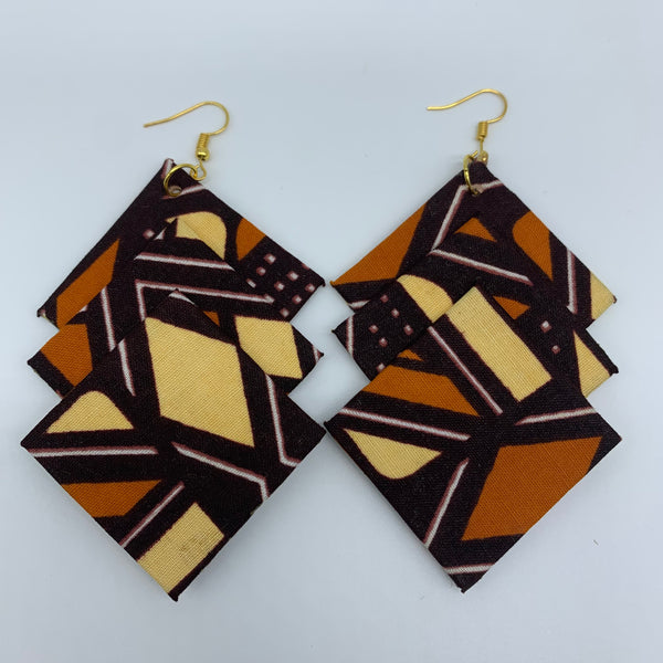 African Print Earrings-3 Squares Reversible Brown Variation