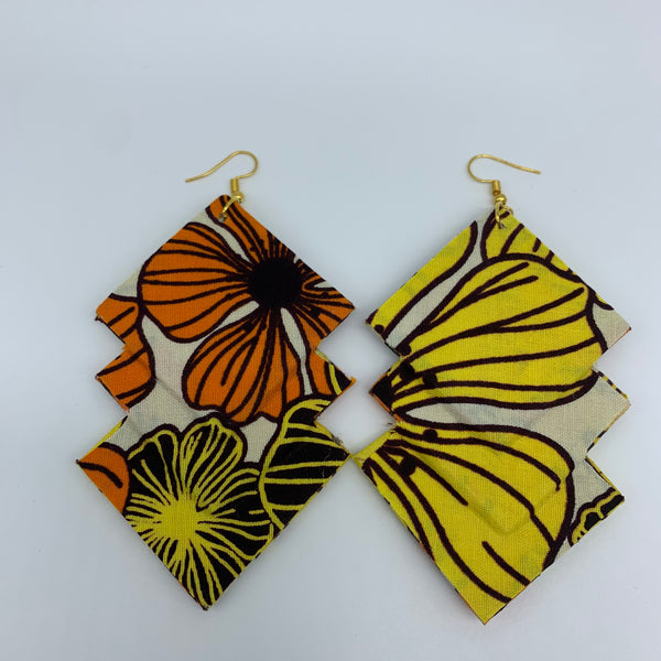 African Print Earrings-3 Squares Reversible Yellow Variation 3