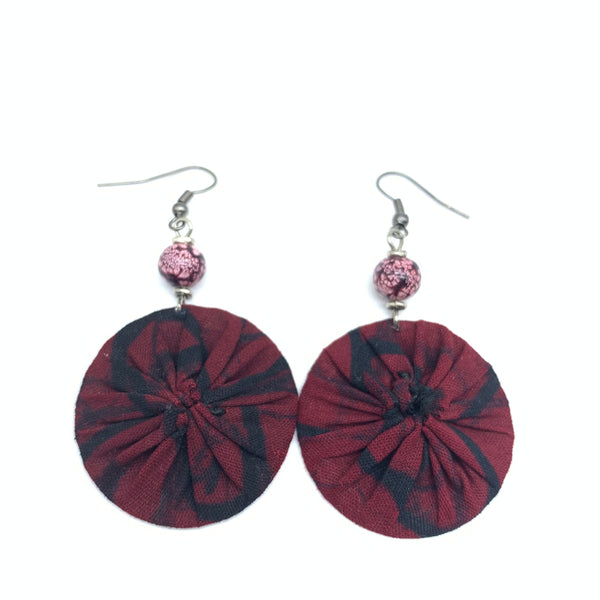 African Print Earrings W/ Beads-Round XS Red Variation 3