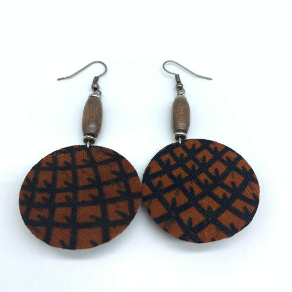 African Print Earrings W/ Beads-Round XS Brown Variation 3