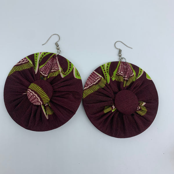 African Print Earrings-Round W/Button L Red Variation 2