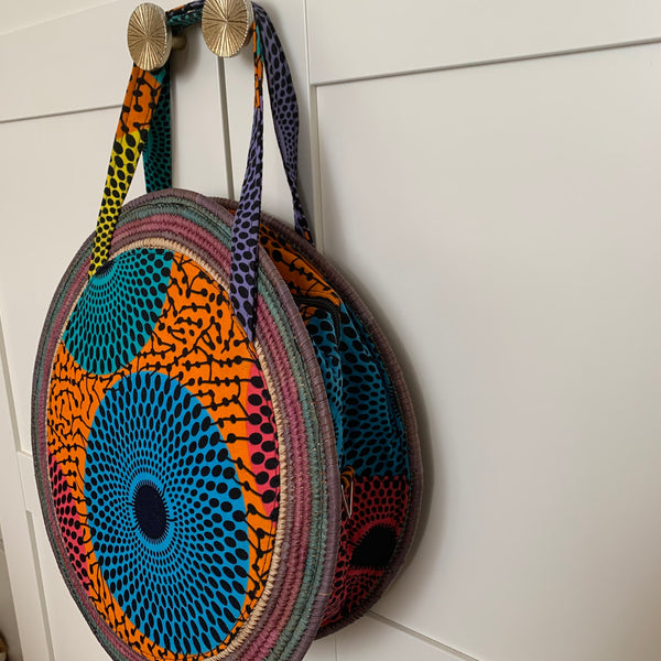 African Print W/Raffia Bag-Circle Multi Colour Variation