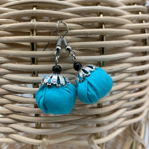 African Print Earrings W/ Beads-Puff Ball Blue Variation