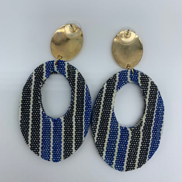 African Print Earrings-Metal Oval Blue Variation