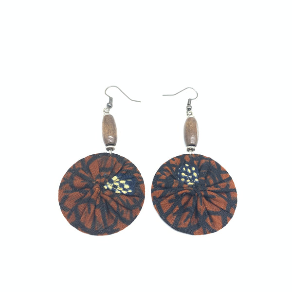 African Print Earrings W/ Beads-Round XS Brown Variation 3