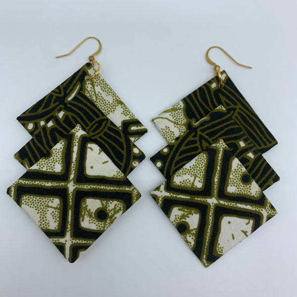 African Print Earrings-3 Squares Reversible Green Variation 4