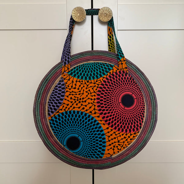 African Print W/Raffia Bag-Circle Multi Colour Variation