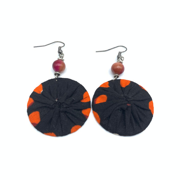 African Print Earrings W/ Beads-Round XS Orange Variation 3