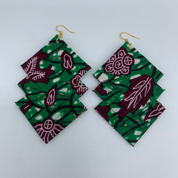 African Print Earrings-3 Squares Reversible Green Variation