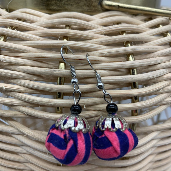 African Print Earrings W/ Beads-Puff Ball Pink Variation 2