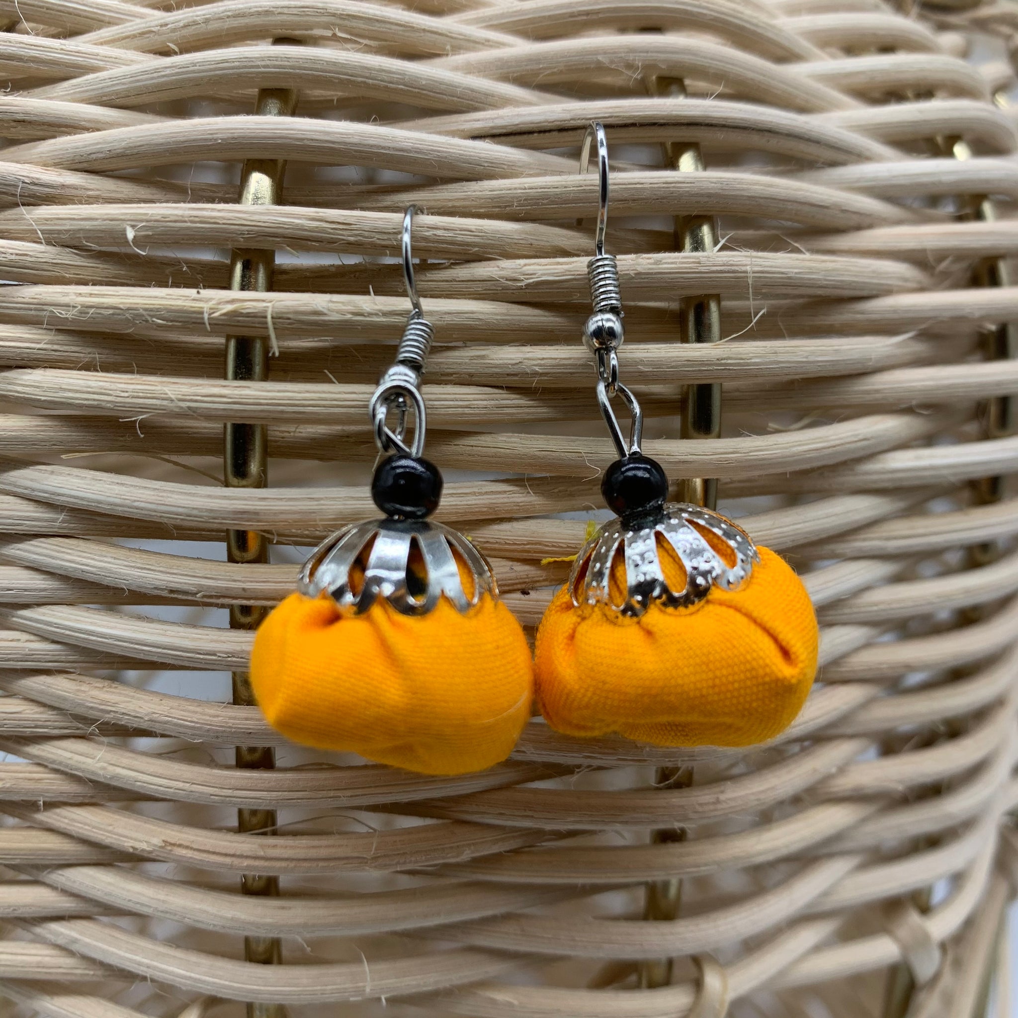African Print Earrings W/Beads-Puff Ball Orange Variation
