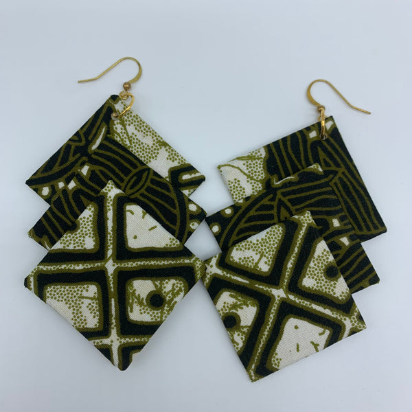 African Print Earrings-3 Squares Reversible Green Variation 4