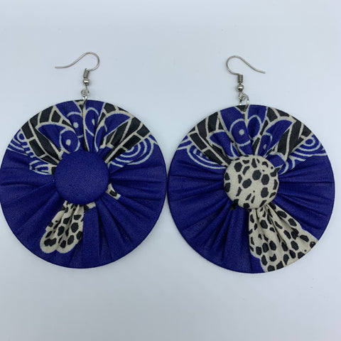 African Print Earrings-Round W/Button L Blue Variation 2