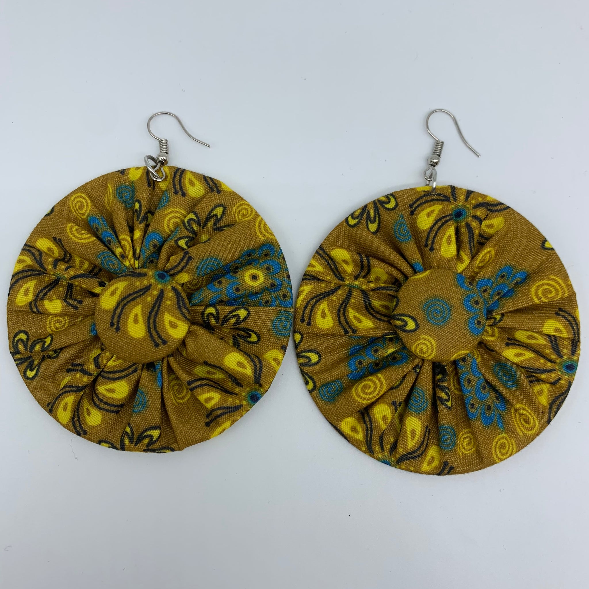 African Print Earrings-Round W/Button L Yellow Variation 2