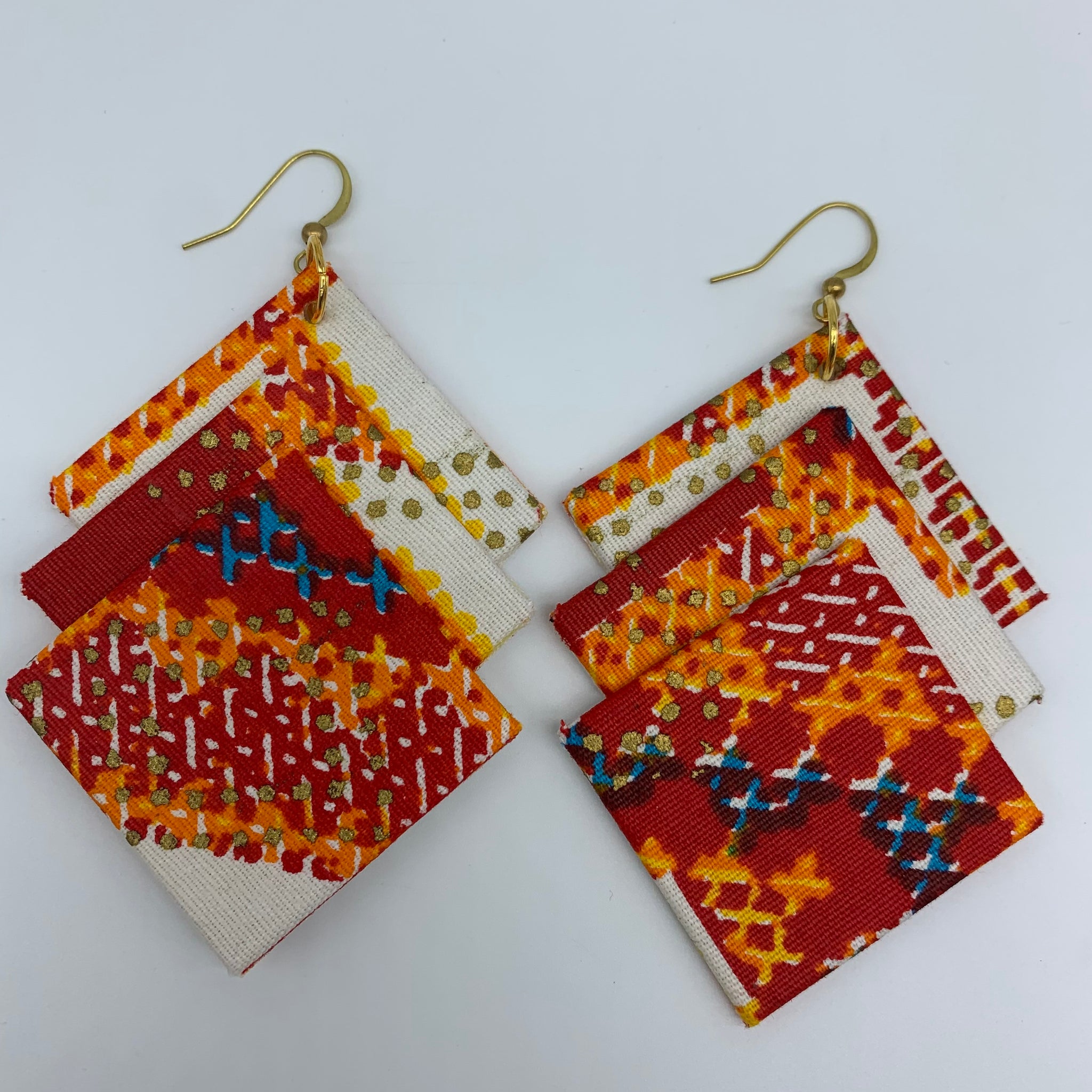 African Print Earrings-3 Squares Reversible Red Variation 3