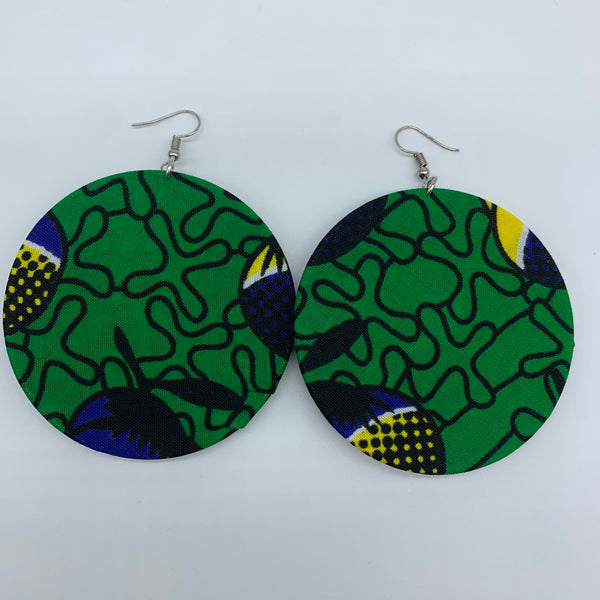 African Print Earrings-Round W/Button L Green Variation 2