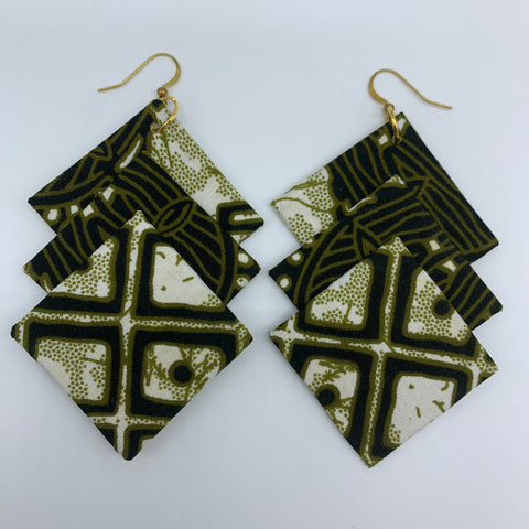 African Print Earrings-3 Squares Reversible Green Variation 4