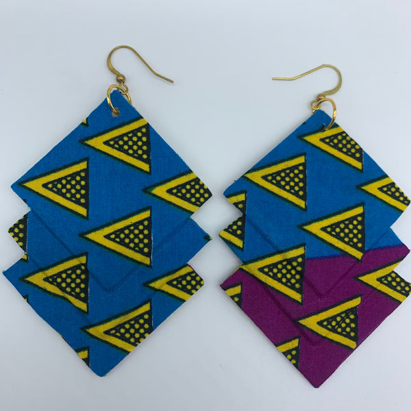 African Print Earrings-3 Squares Reversible Blue Variation 6