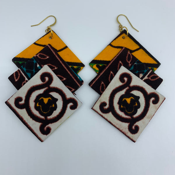 African Print Earrings-3 Squares Reversible Brown Variation 2