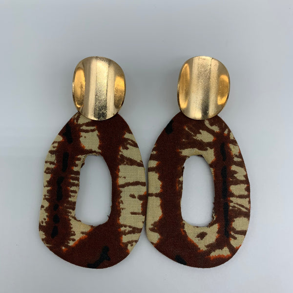 African Print Earrings-Metal Oval Brown Variation