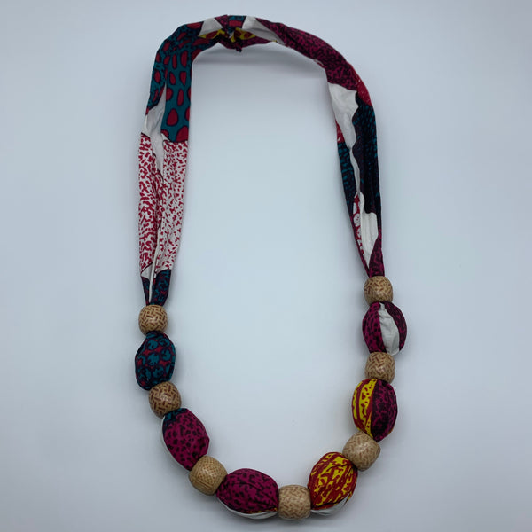African Print Necklace W/Wooden Beads-Pink Variation 3 - Lillon Boutique