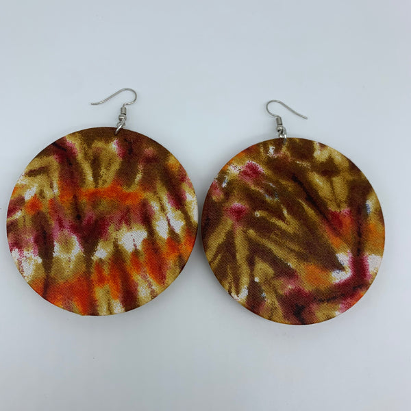 African Print Earrings-Round W/Button L Brown Variation 2