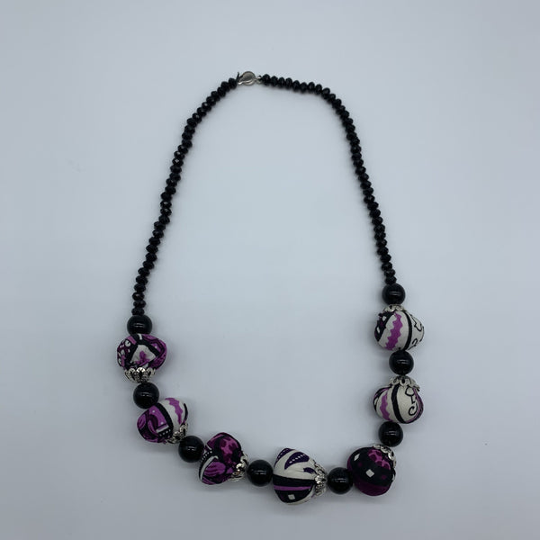 African Print Necklace W/ Beads-Purple Variation 2 - Lillon Boutique