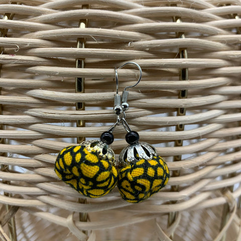 African Print Earrings W/ Beads-Puff Ball Yellow Variation