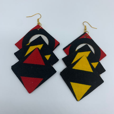 African Print Earrings-3 Squares Reversible Red Variation 2