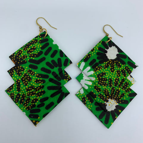 African Print Earrings-3 Squares Reversible Green Variation 3