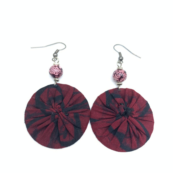 African Print Earrings W/ Beads-Round XS Red Variation 3