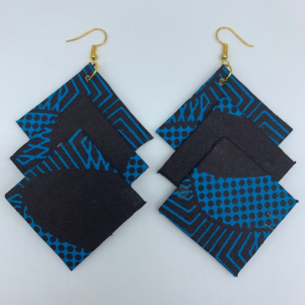 African Print Earrings-3 Squares Reversible Blue Variation 4