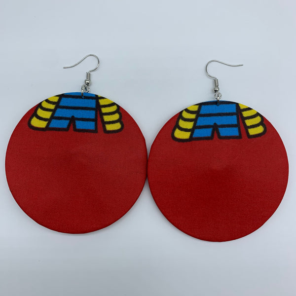 African Print Earrings-Round L Red Variation 7