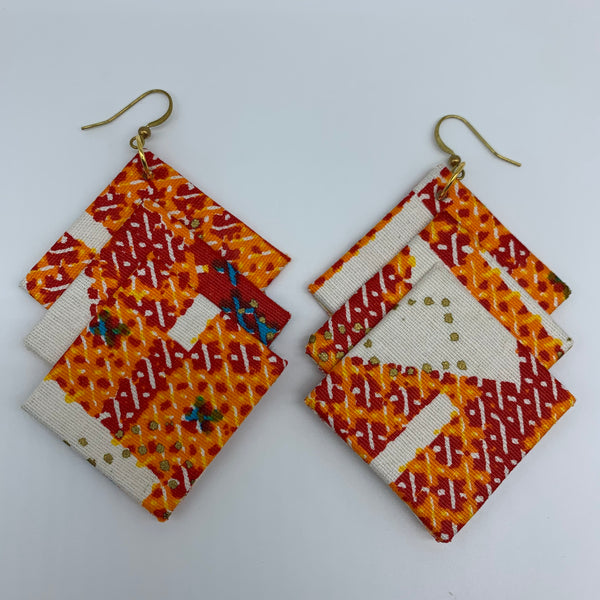 African Print Earrings-3 Squares Reversible Red Variation 4