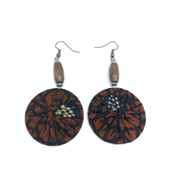 African Print Earrings W/ Beads-Round XS Brown Variation 3