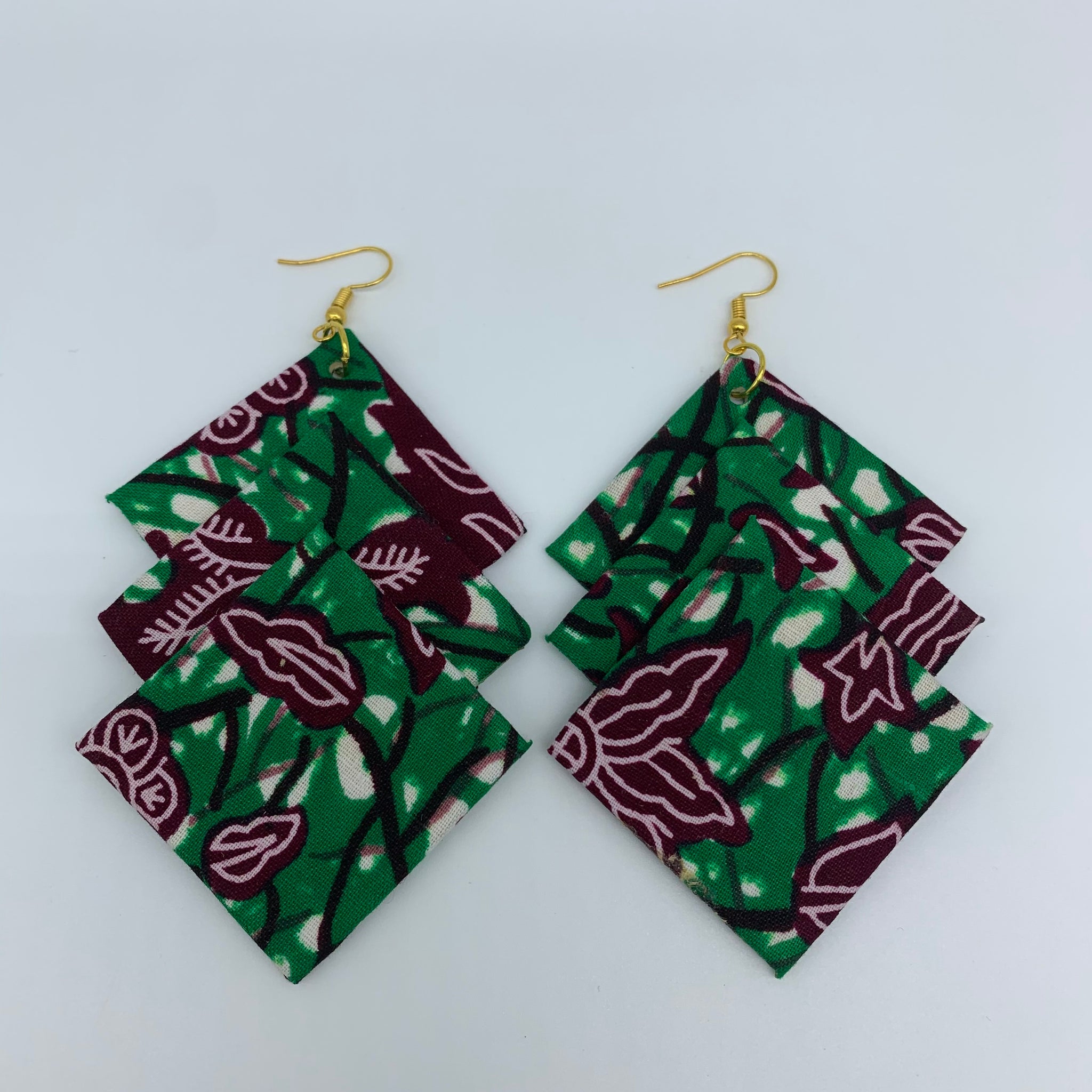 African Print Earrings-3 Squares Reversible Green Variation