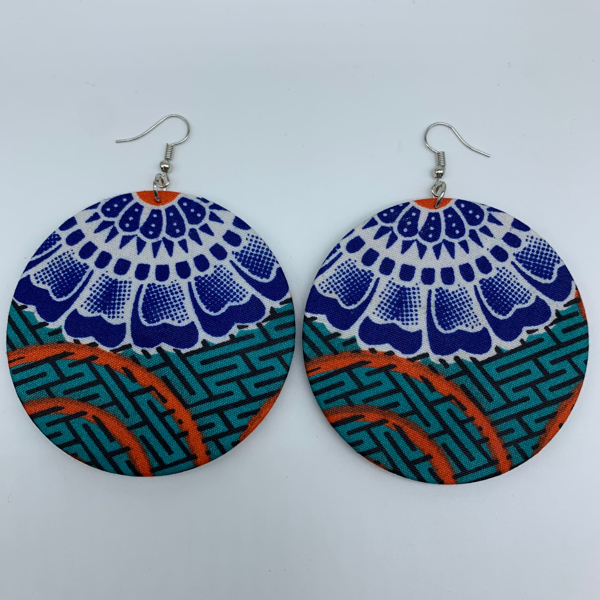 African Print Earrings-Round L Blue Variation 16