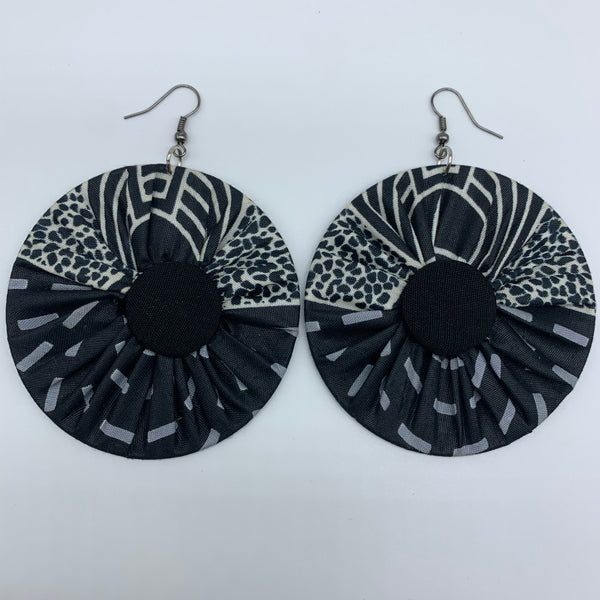 African Print Earrings-Round W/Button L Black Variation