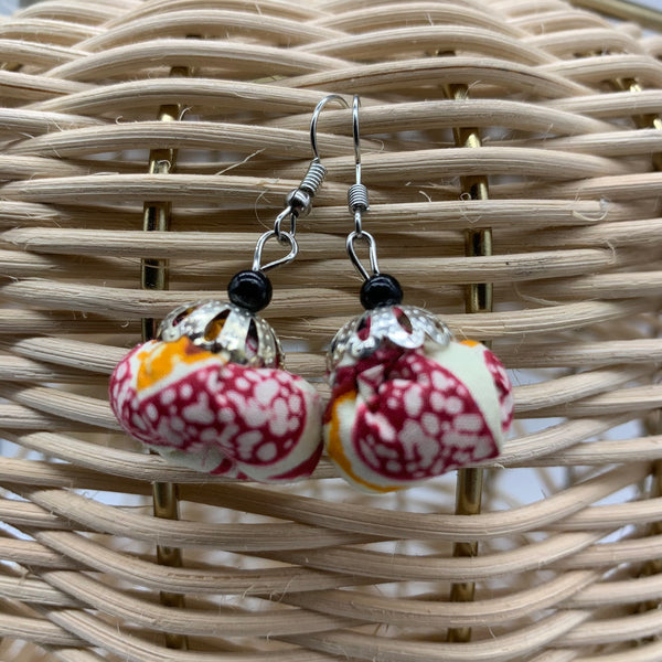 African Print Earrings W/ Beads-Puff Ball Beige Variation