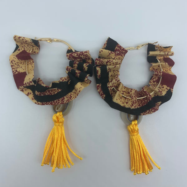 African Print W/Shell Earrings-Ruffle Hoops Red Variation 2 - Lillon Boutique