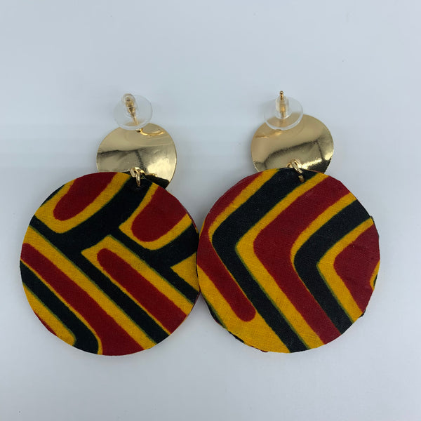 African Print Earrings-Metal Circle  Red Variation 2