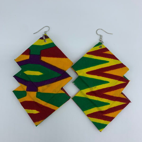 African Print Earrings-3 Squares Reversible Green Variation 2