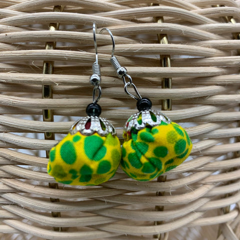 African Print Earrings W/ Beads-Puff Ball Green Variation
