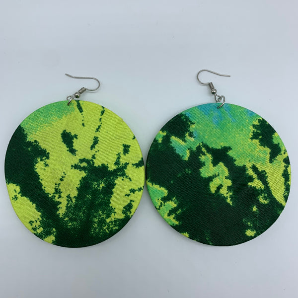 African Print Earrings-Round W/Button L Green Variation